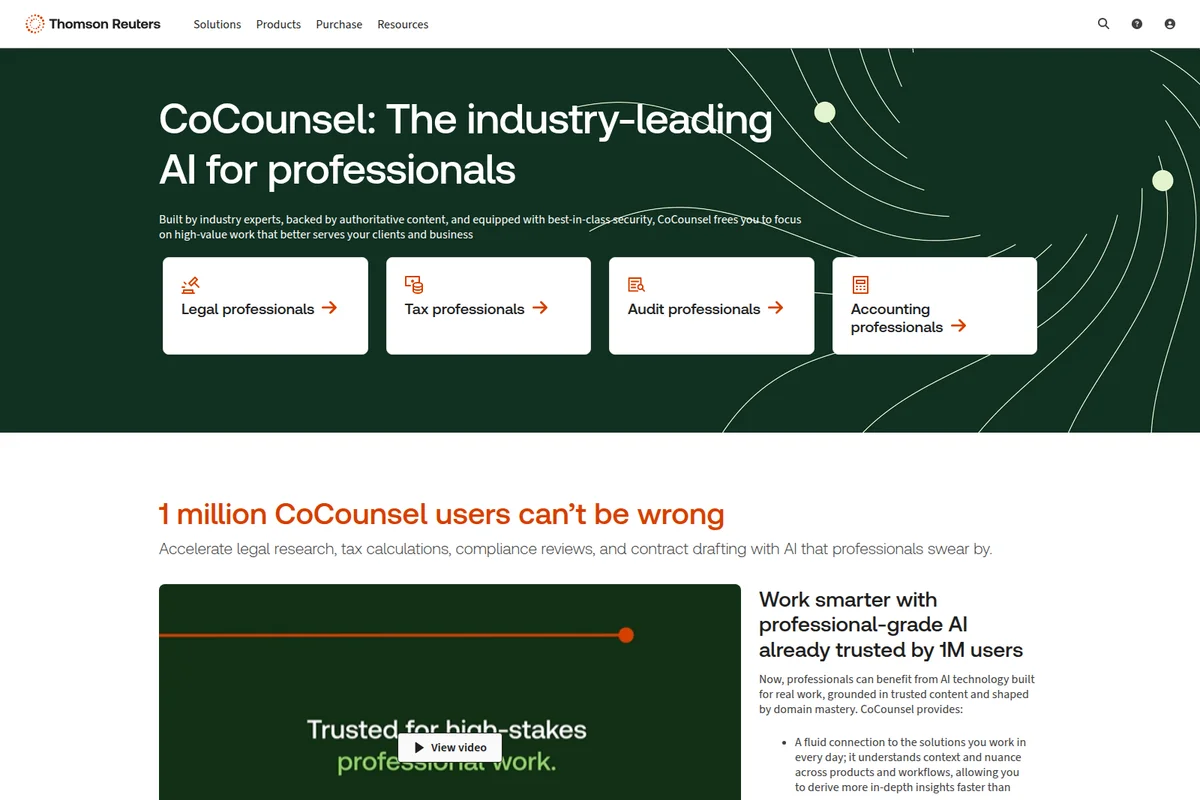 CoCounsel landing page hero section highlighting AI for legal, tax, audit, and accounting professionals in a modern dark green theme.