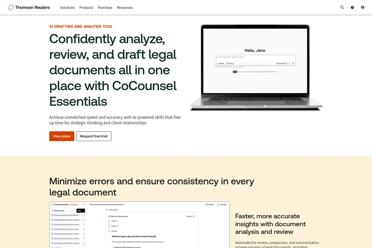 Thomson Reuters CoCounsel Essentials workspace showing AI chat and document review interface in a clean, modern design.