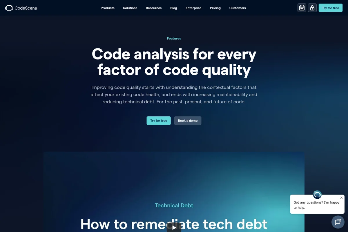 CodeScene landing page hero section showing the value proposition for code analysis with a dark-themed, modern interface.