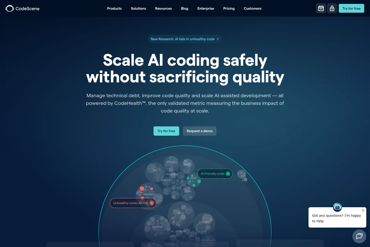CodeScene homepage hero section visualizing healthy and unhealthy AI code with a dynamic bubble graph against a dark background.