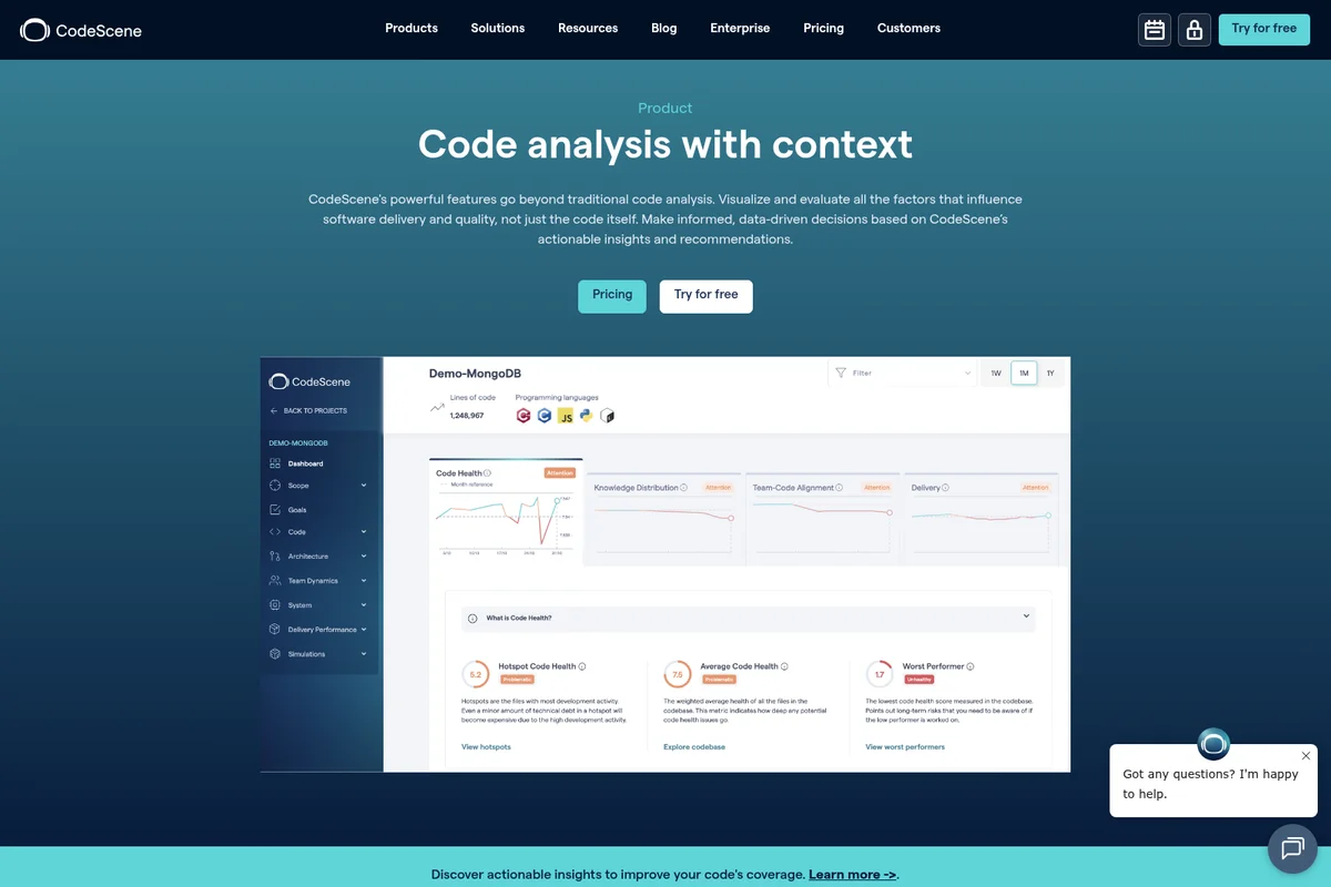 CodeScene workspace dashboard showing code health metrics and project overview for Demo-MongoDB