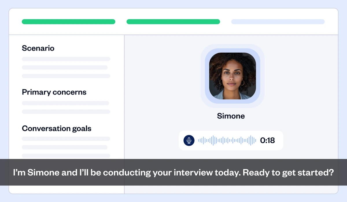 CodeSignal AI interview workspace showing an interviewer avatar, audio player, and interview scenario details.