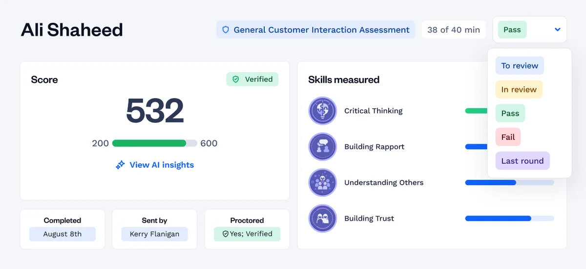 CodeSignal assessment results workspace showing candidate scores and skill proficiencies in a modern, data-rich interface.