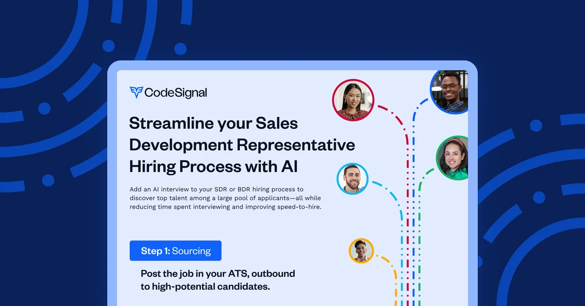 CodeSignal solution overview showing streamlined Sales Development Representative hiring process with AI, featuring candidate profile pictures connected by a colorful dotted line diagram.