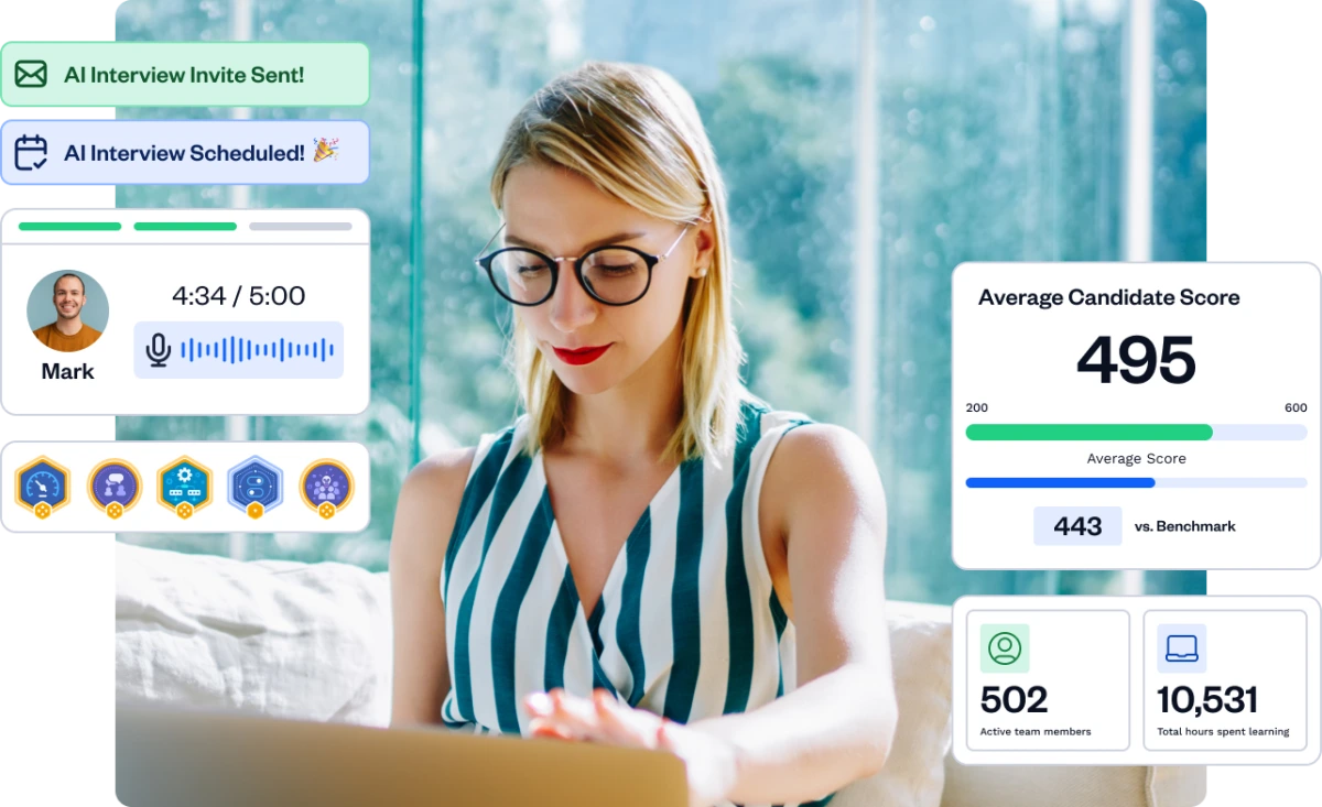 CodeSignal talent assessment dashboard showing AI interview scheduling, candidate scores, and team activity metrics.
