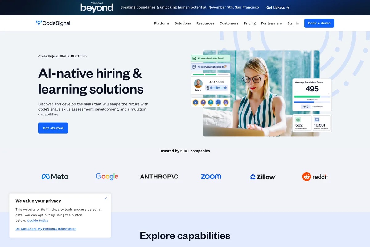CodeSignal platform page with AI-native hiring & learning solutions, featuring a user interacting with dynamic UI elements.