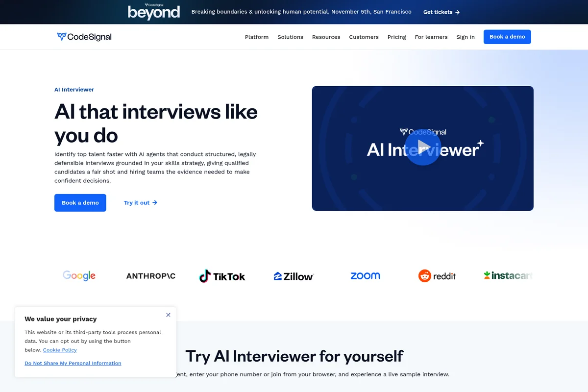 CodeSignal AI Interviewer landing page showcasing AI agent capabilities and a product demo video with a clean, modern design.
