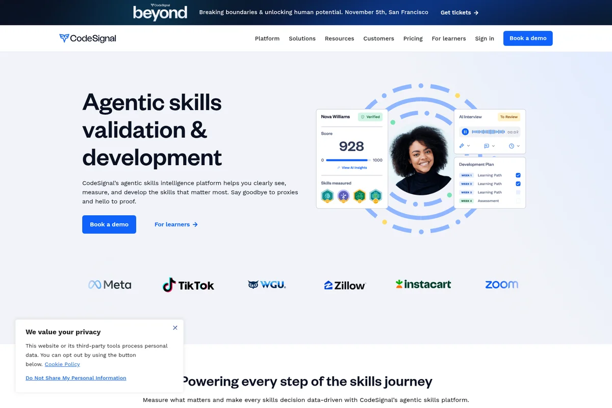 CodeSignal homepage hero showcasing agentic skills validation with a modern UI displaying a user's skill score, AI interview results, and development plan.