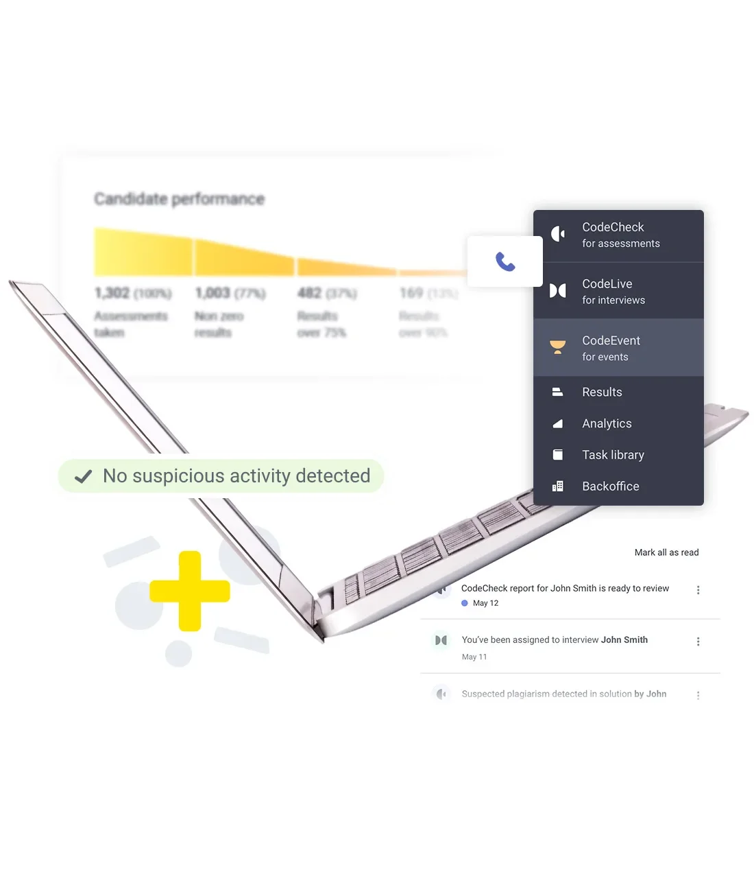 Codility talent assessment platform showing candidate performance, interview assignments, and plagiarism detection in a modern interface.