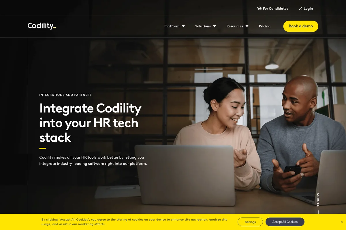 Codility integrations page highlighting HR tech stack integration with professionals collaborating in a modern dark-themed web interface.