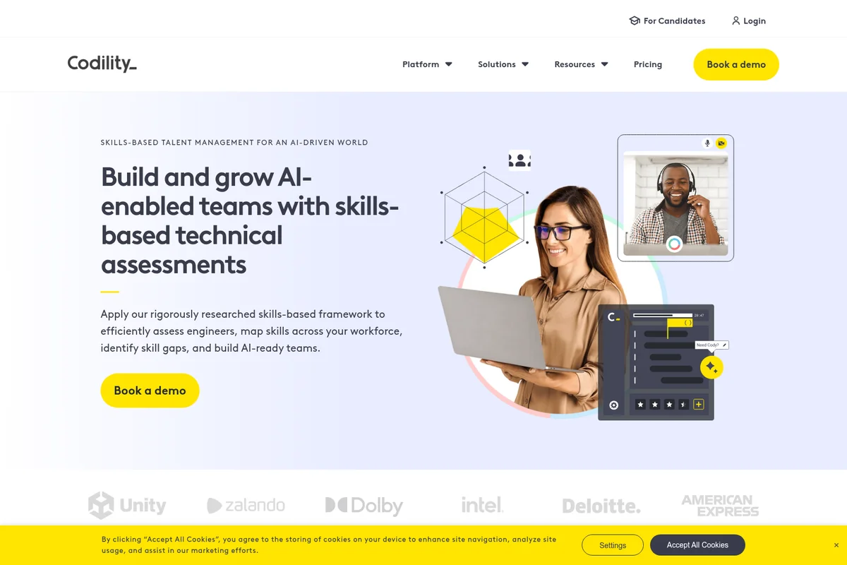 Codility homepage hero showing AI-enabled team development through skills-based technical assessments and product UI.