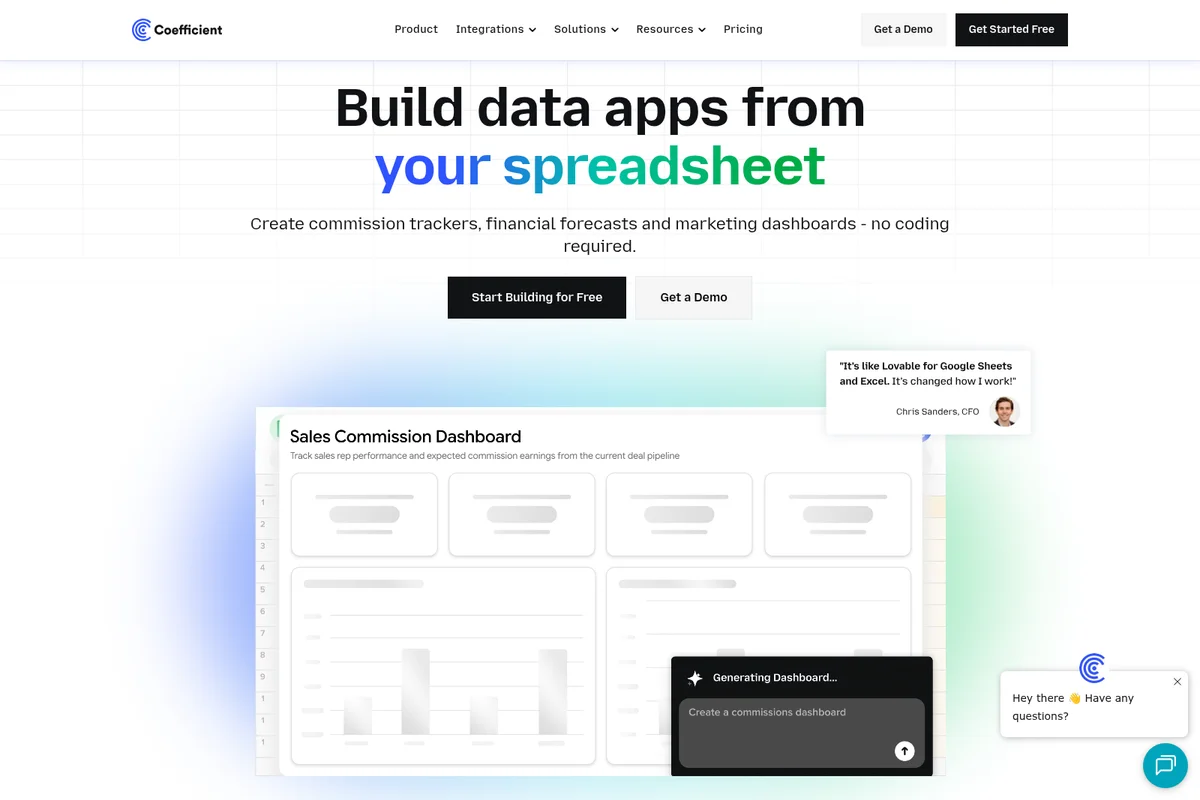 Coefficient homepage showcasing building data apps from spreadsheets with a modern UI and a sales commission dashboard being generated.