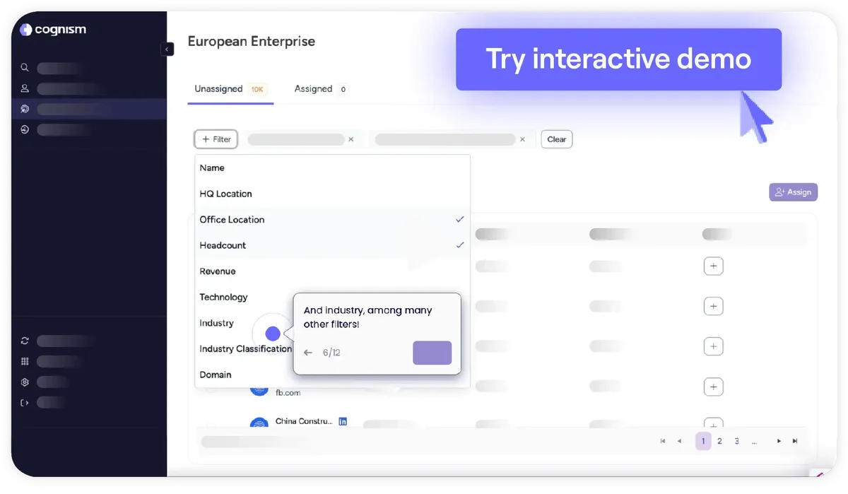 Cognism workspace showing enterprise lead filtering and segmenting options in a clean modern interface.