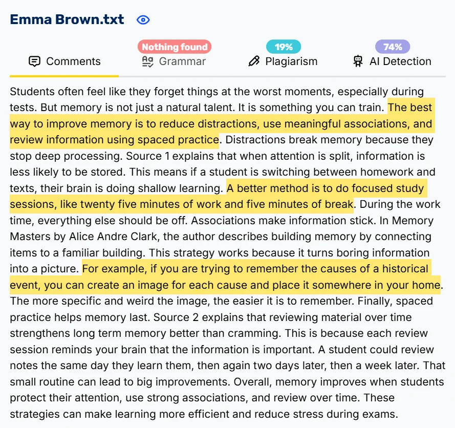 Cograder workspace showing a student's essay with grammar, plagiarism, and AI detection results displayed.