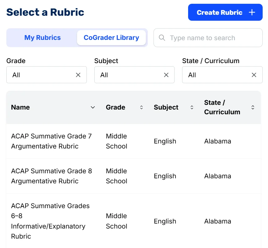 CoGrader workspace showing rubric selection with filter options for grade, subject, and curriculum, displayed in a clean light-mode UI.