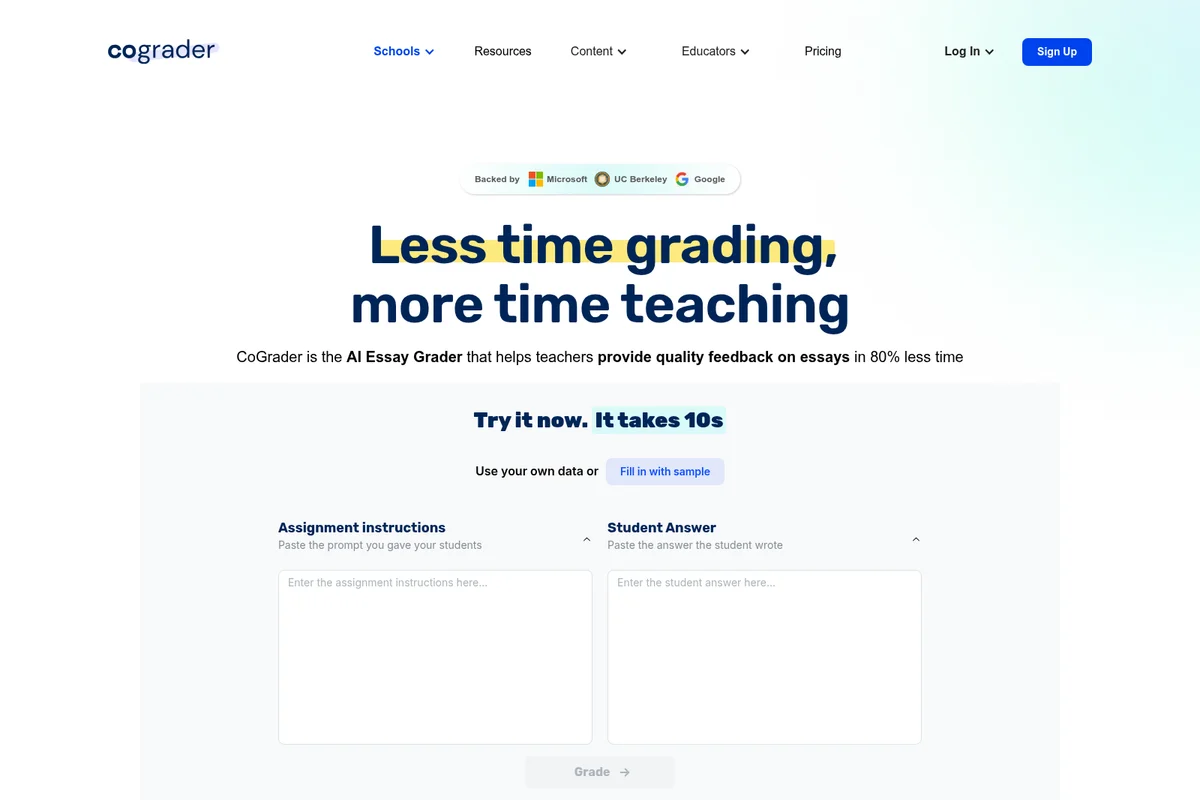 CoGrader workspace UI showing AI essay grading input fields and the main value proposition on a clean light-themed interface.