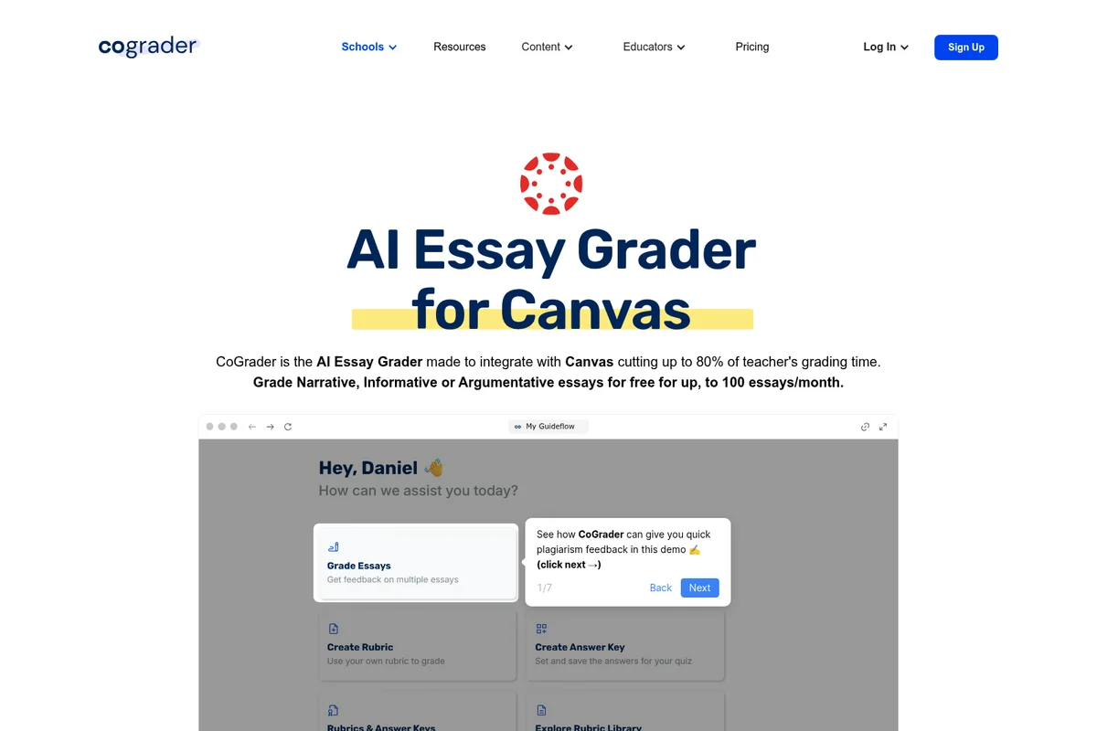 CoGrader AI Essay Grader for Canvas landing page featuring a product demo of essay grading and plagiarism feedback.