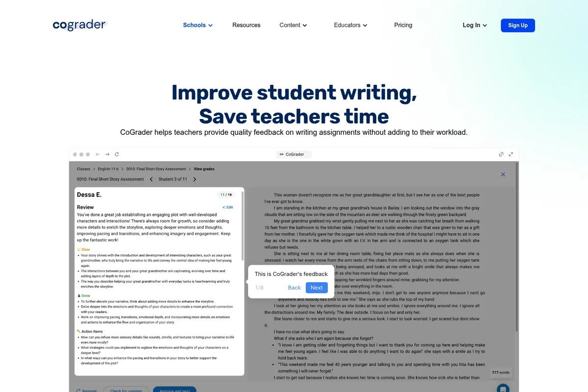 CoGrader workspace showing AI-generated writing feedback for a student assignment with a clean light-mode interface.