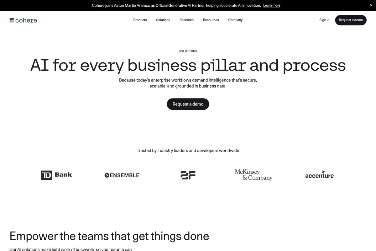 Cohere solutions page detailing AI for every business pillar and process, featuring trust badges from major companies.