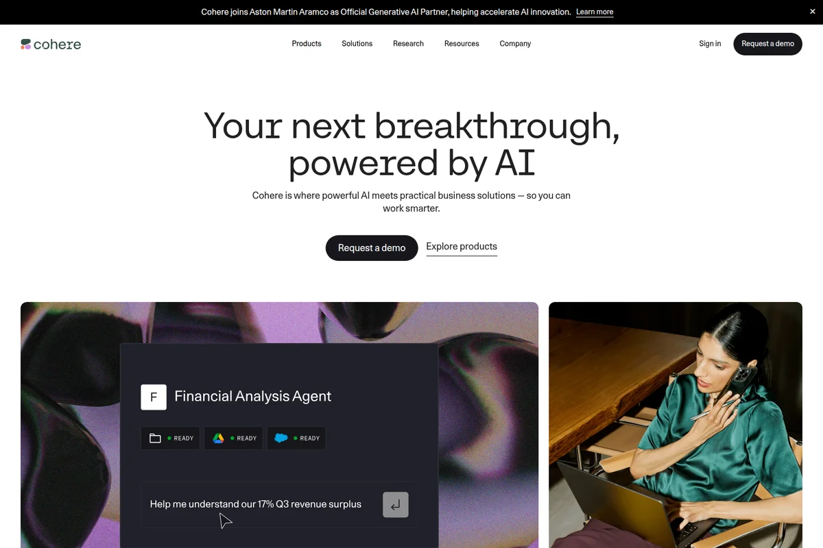 Cohere Financial Analysis Agent interface showing a user prompting for Q3 revenue surplus data analysis with a dark-mode theme.