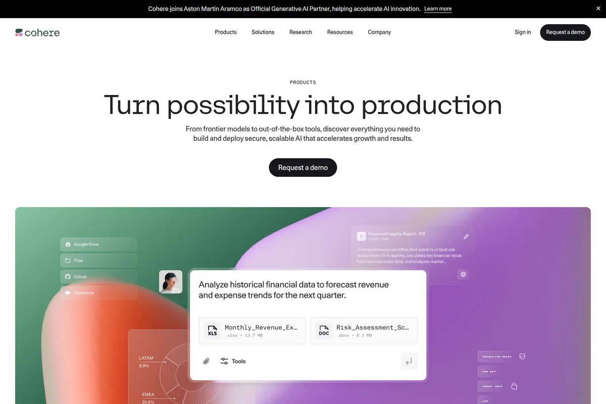 Cohere AI workspace showing a prompt for financial data analysis with attached XLSX and DOCX files.