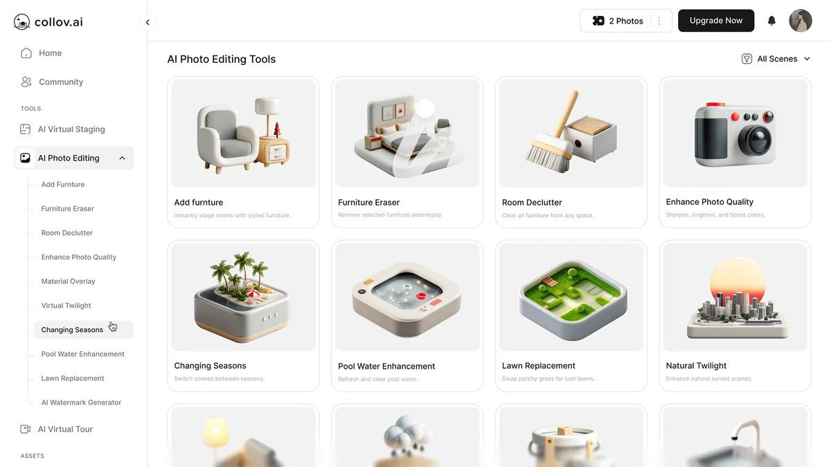 Collov.ai AI Photo Editing Tools gallery showing image enhancement and manipulation features with a clean UI.