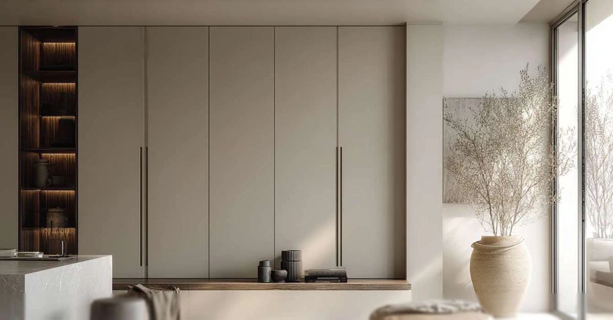 Collov AI output sample showcasing a modern minimalist living room design with integrated cabinetry, natural light, and earthy decor.