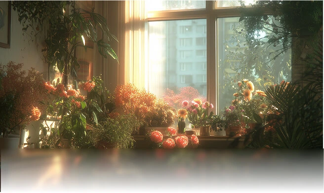 Collov AI output sample showing a sunlit indoor plant display by a window with a warm, photorealistic aesthetic