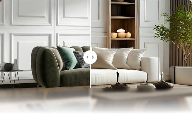 Collov-AI feature deep-dive showcasing two alternative interior room designs with a photorealistic aesthetic.