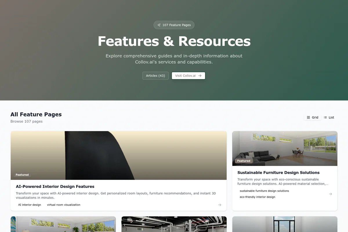 Collov.ai features and resources page showcasing AI-powered interior design capabilities with modern card layouts.