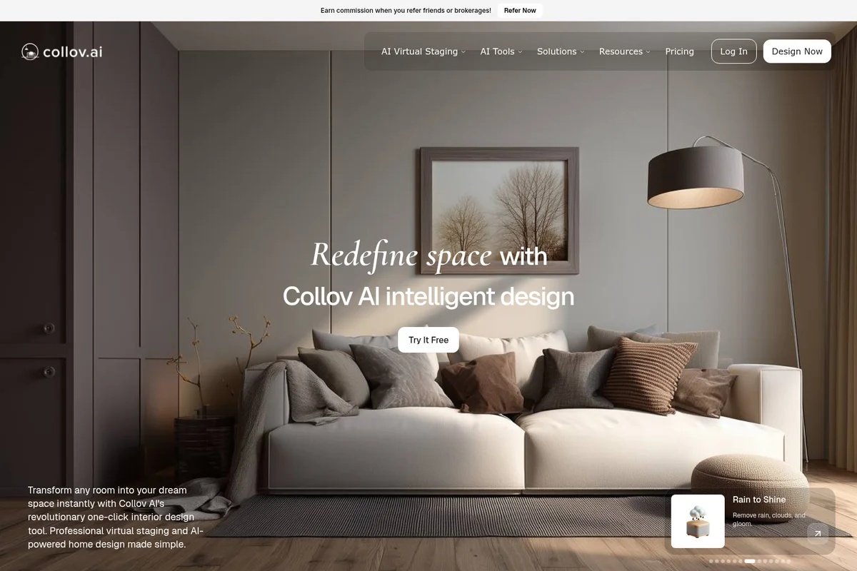 Collov AI landing hero showcasing an AI-designed modern living room with a neutral color palette and elegant furniture.