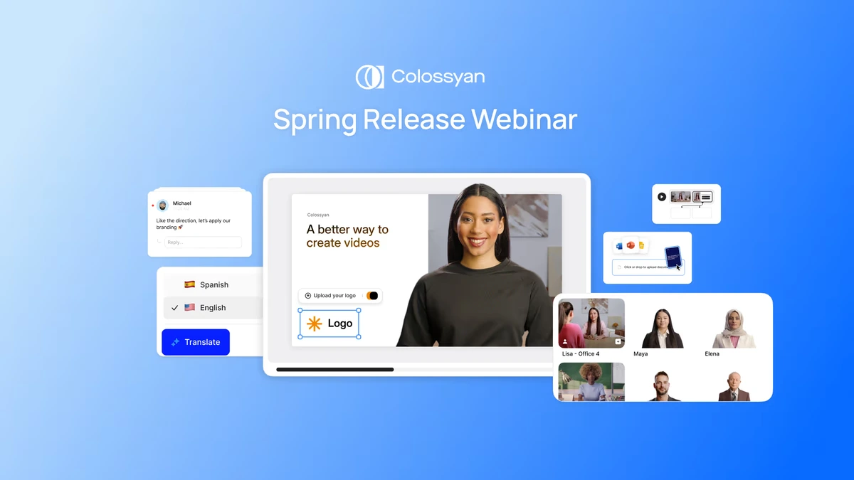 Colossyan workspace showing AI video creation with a female avatar, logo upload, multi-language support, and various presenter options.
