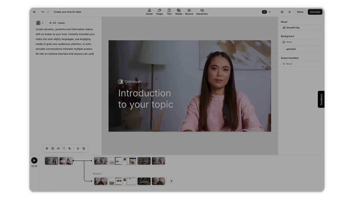 Colossyan workspace UI showing AI video creation with a virtual avatar, script editor, and video timeline in a modern interface.
