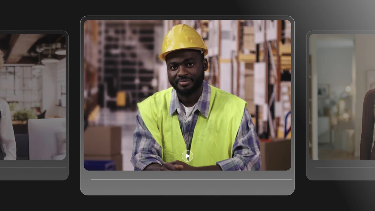 Colossyan output-sample showing an AI-generated video of a man in a hard hat and safety vest in a modern video player interface.