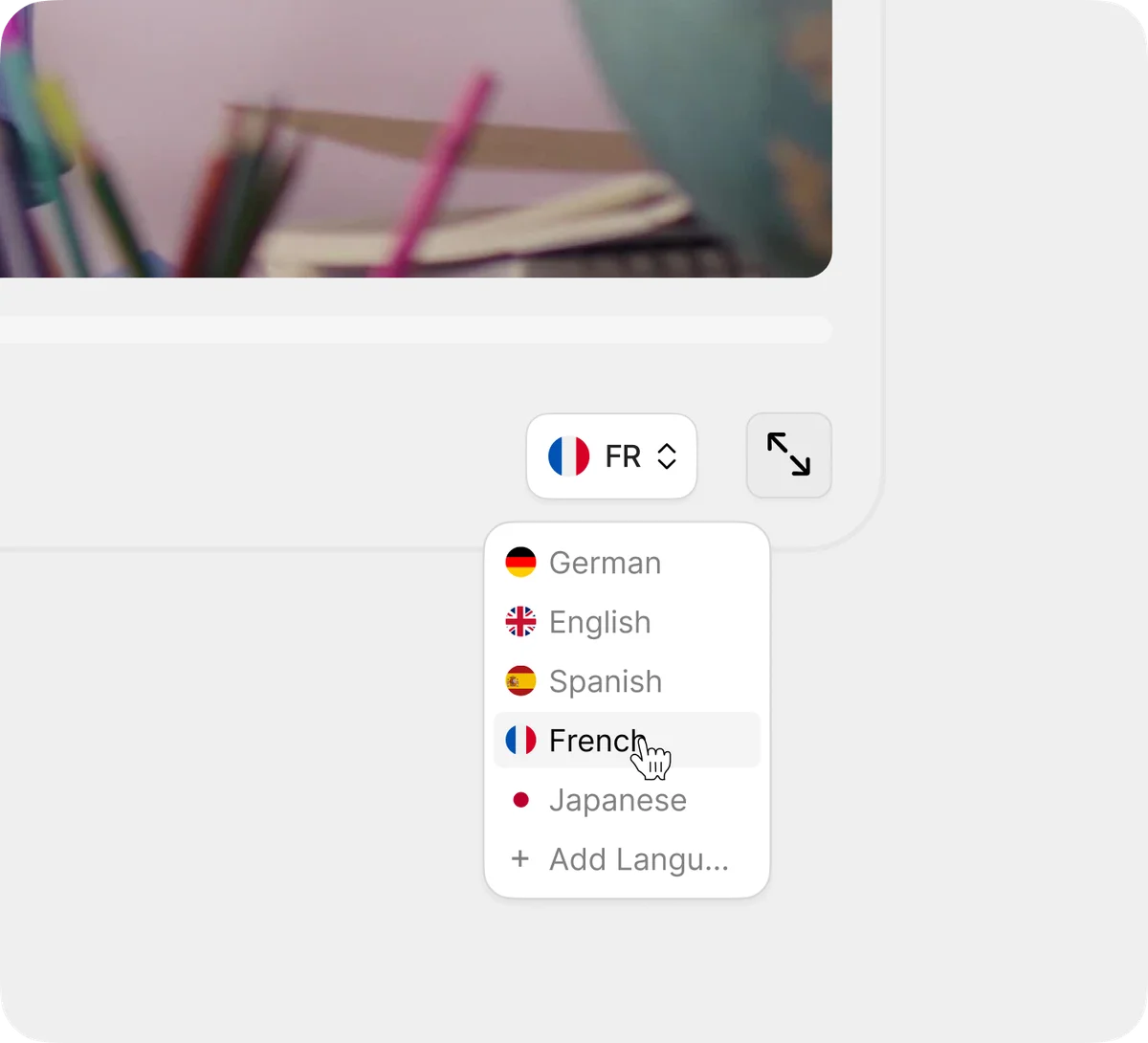 Colossyan video platform language selection dropdown showing French highlighted by a cursor
