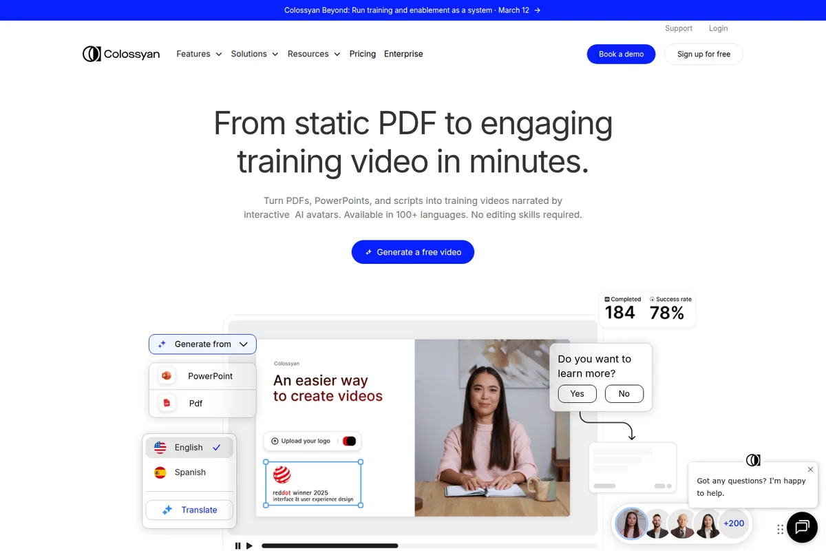 Colossyan workspace showing AI-powered video generation from static content, featuring an AI avatar and options for PDF/PowerPoint input.