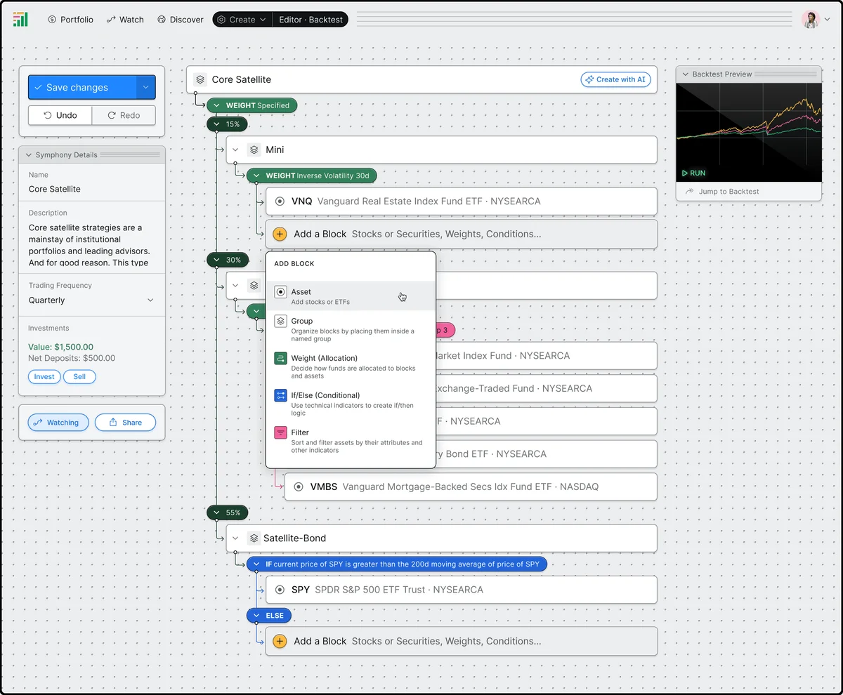 Composer strategy builder workspace visualizing a 'Core Satellite' investment strategy using a clean block-based interface.