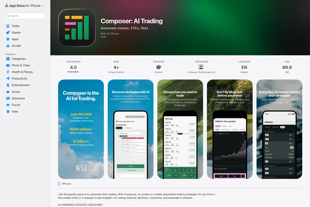 Composer: AI Trading App Store page showcasing automated trading strategies, AI-powered features, and multiple clean, modern app UI screenshots.