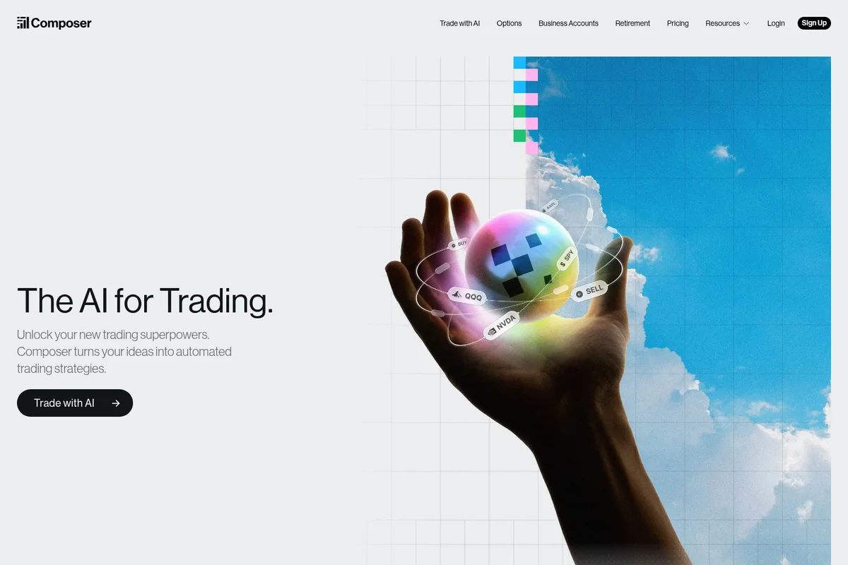 Composer AI trading hero: hand holding glowing sphere, stock tickers (AAPL, NVDA, QQQ, SPY), and trading actions.