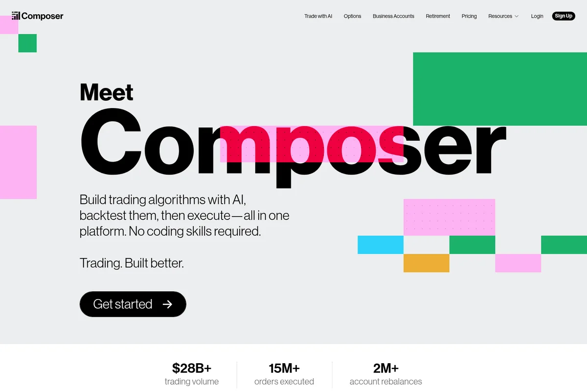 Composer landing-hero promoting AI-powered trading algorithm creation with bold typography and abstract colorful geometric shapes.