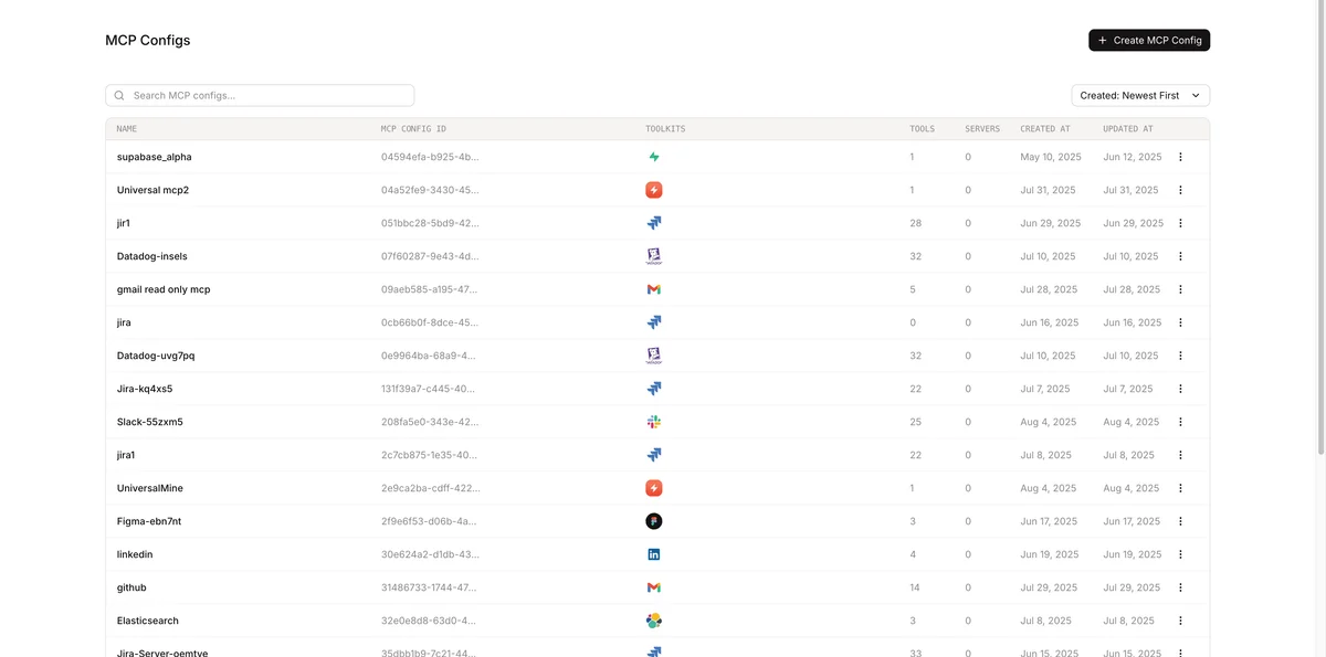 Composio workspace showing a list of MCP Configurations with a clean table interface.