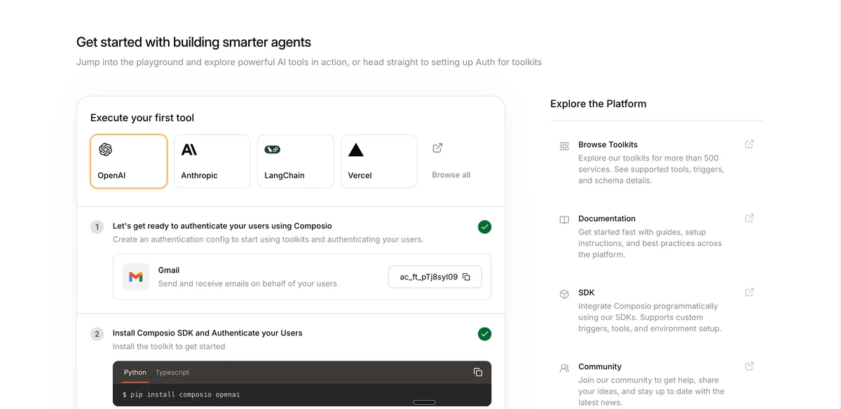 Composio integration panel displaying OpenAI toolkit selection, Gmail authentication setup, and Python SDK installation instructions.