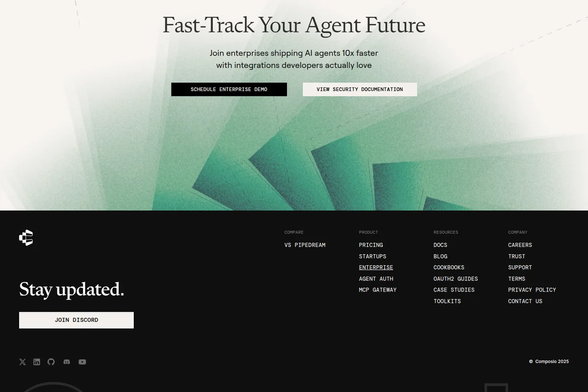 Composio enterprise landing page hero section with a headline about AI agents and a textured green background, featuring a dark footer with navigation links.