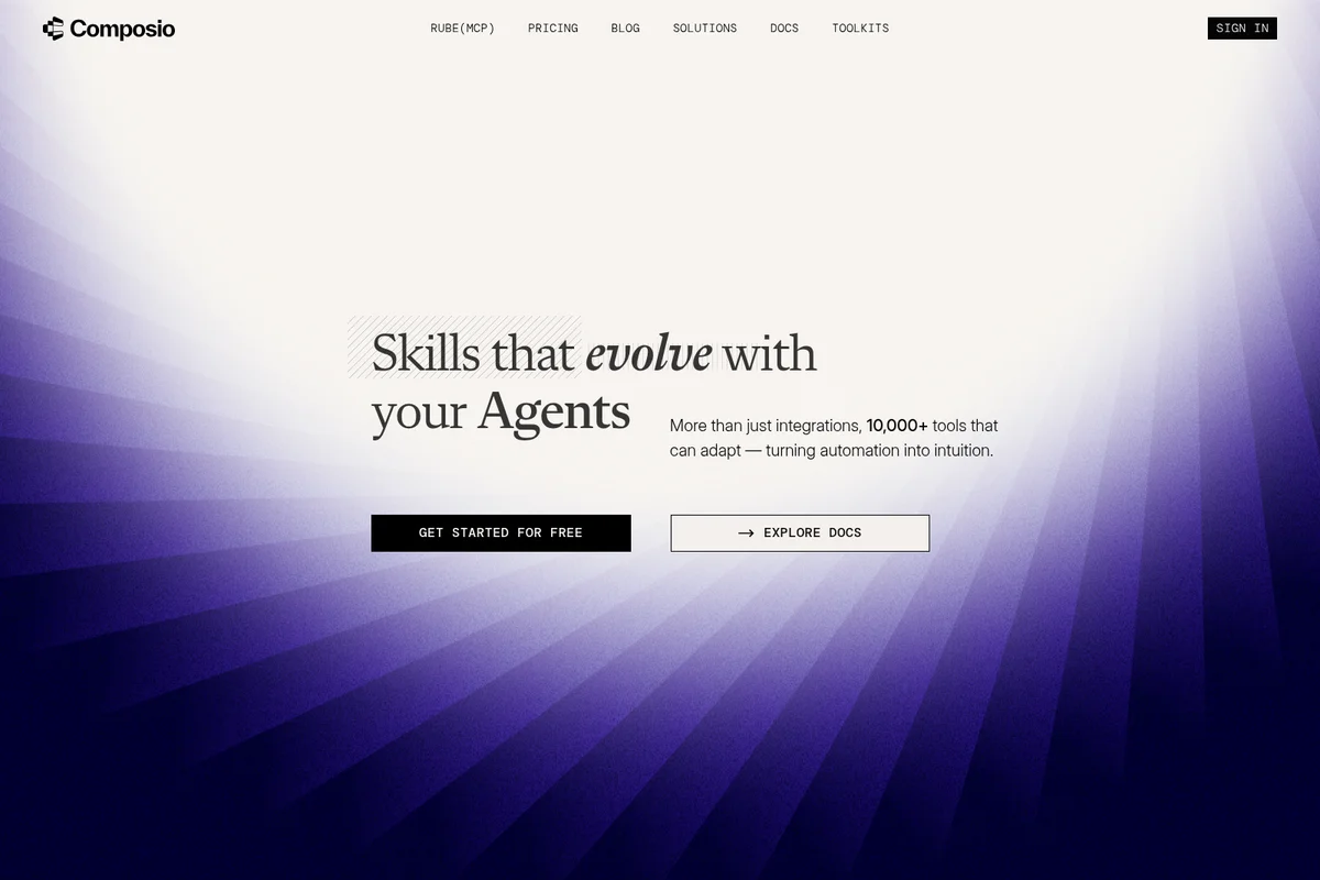 Composio homepage hero section stating 'Skills that evolve with your Agents' on a modern purple gradient background.