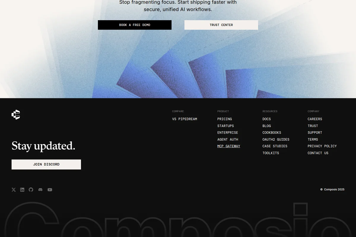 Composio marketing page featuring an AI workflow value proposition and a dark-themed footer with product and company links.