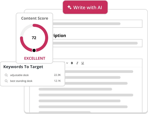 Conductor content workspace with AI writing assistance, showing real-time content score and target SEO keywords.