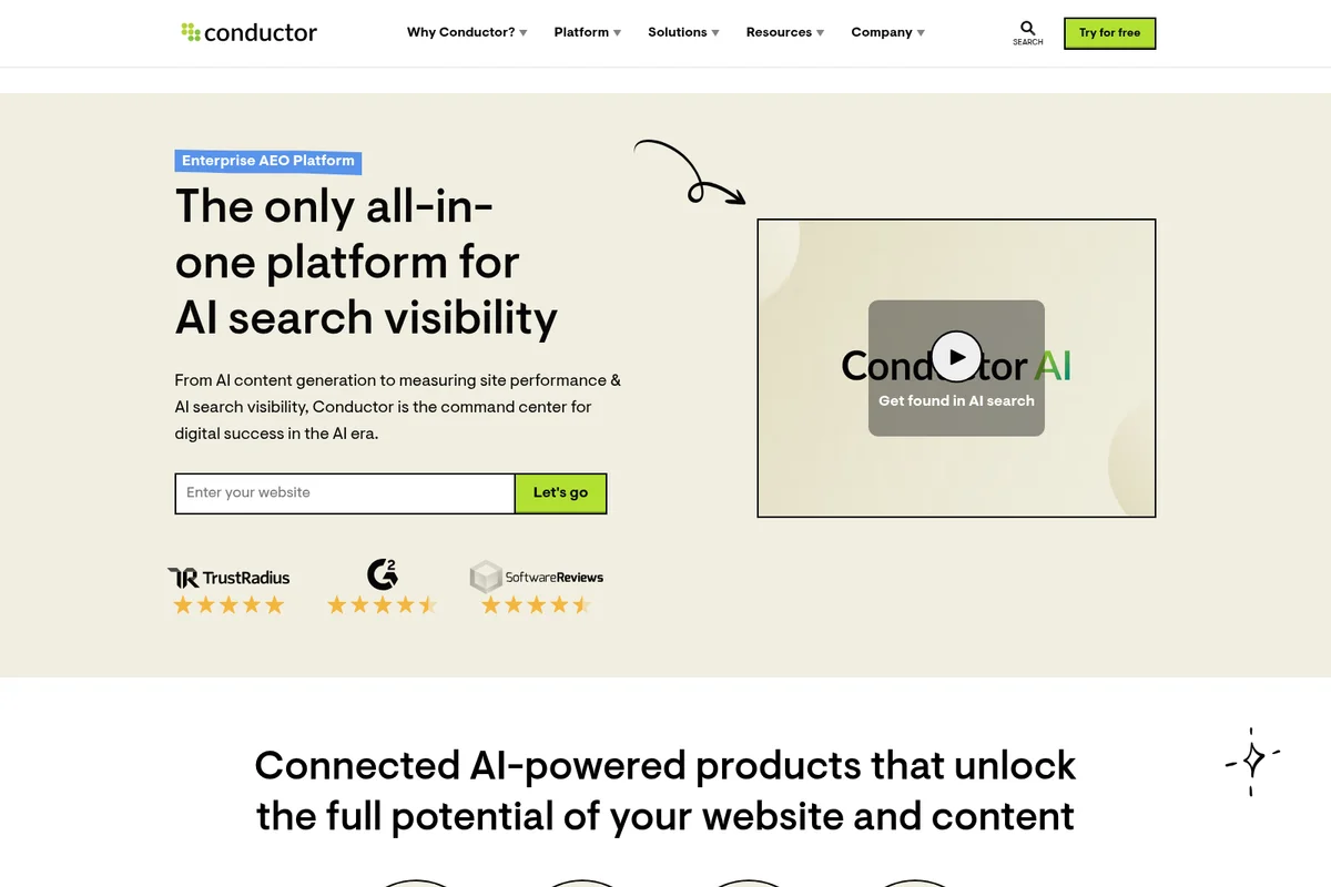 Conductor platform homepage showcasing its AI search visibility capabilities with a video demo and a 'Enter your website' input field, featuring a clean modern design.
