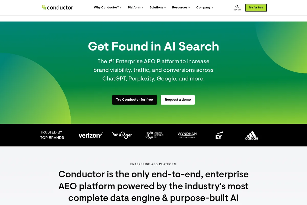 Conductor landing page hero section showcasing the #1 Enterprise AEO Platform for AI Search, with a vibrant green gradient design.