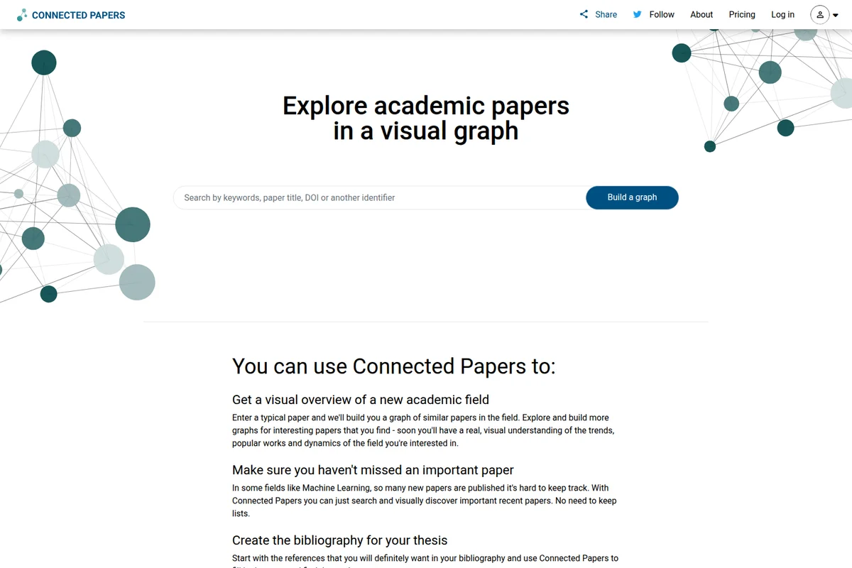 Connected Papers homepage showing a prominent search bar to find and visualize academic papers with a clean, modern interface.