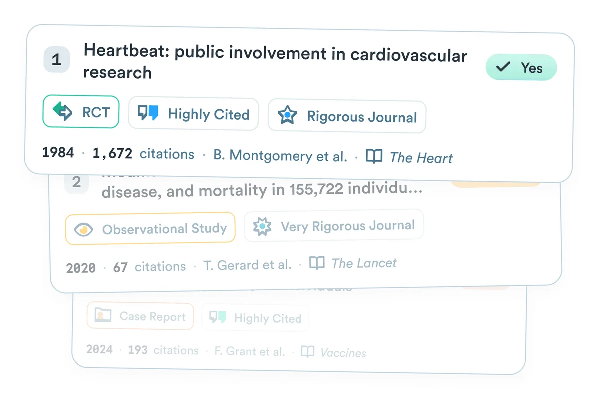 Consensus workspace UI showing research paper search results and analysis with a clean, light-themed card interface.